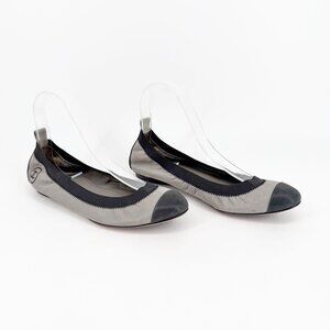 Chanel Gray Black Metallic Leather CC Cap Toe Ballet Flats Shoe Size 38 US 7–7.5